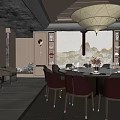 Private Dining Room In Modern Chinese Style With Round Table Chairs Chandelier And Decorative Painting