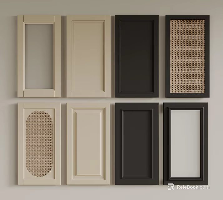 Diverse Cabinet Door Styles Featuring Rattan Panel Glass and Solid Color Designs 3d model 