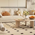 Warm Living Room Interior With Light Sofa Coffee Table Checkered Rug And Potted Plant