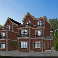Beautiful Detached Villa With Red Brick Exterior Balconies Windows And Green Trees