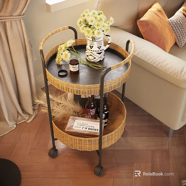 Modern Two Tier Rattan Side Table With Metal Frame And Wheels For Living Room 3d model 