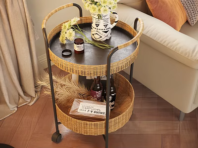 Modern Two Tier Rattan Side Table With Metal Frame And Wheels For Living Room 3d model