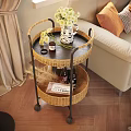 Modern Two Tier Rattan Side Table With Metal Frame And Wheels For Living Room