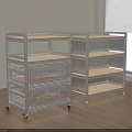 Metal Storage Shelves With Wheels And Wooden Tiers In Bright Room Space