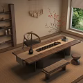 Japanese Style Long Wooden Coffee Table With Stool Bench Plant And Green Window View