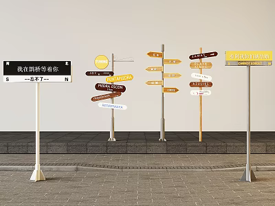 Multiple Traffic Signs With Directional Arrows And Bilingual Signs Along Street Ground 3d model