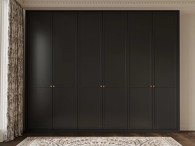 Dark Colored Built In Wardrobe With Gold Handles In Interior With Rug And Curtains 3d model