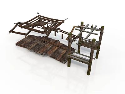 Abandoned Style Wooden Structure Broken Wooden Frame Wooden Bridge Wreckage Weathered Wooden Column Moss Traces Broken Wooden Beams Old Wood Board Pure White Background Broken Building 3d model