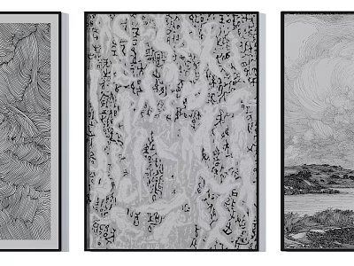 Black and White Modern Wall Art with Abstract Line Symbol Landscape Patterns 3d model