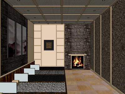 Modern Shower Sauna Interior Design With Stone Wall Fireplace Seating Areas And Decorative Paintings 3d model