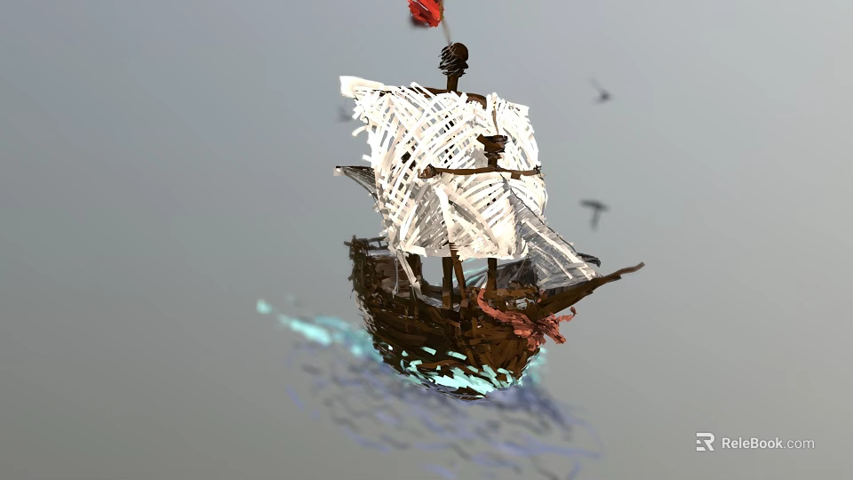 Floating Pirate Ship Model With Skull Flag White Sails And Water Reflection 3d model 