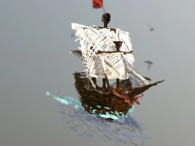 Floating Pirate Ship Model With Skull Flag White Sails And Water Reflection 3d model