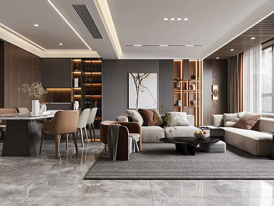 Modern Living and Dining Room Interior With Sofa Dining Table Artwork And Shelves 3d model