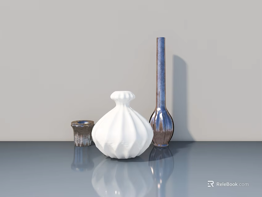 Swing Door Design With Decorative Vases On Gray Tabletop And Light Gray Wall 3d model 
