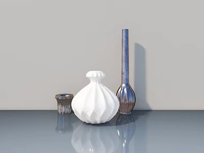 Swing Door Design With Decorative Vases On Gray Tabletop And Light Gray Wall 3d model