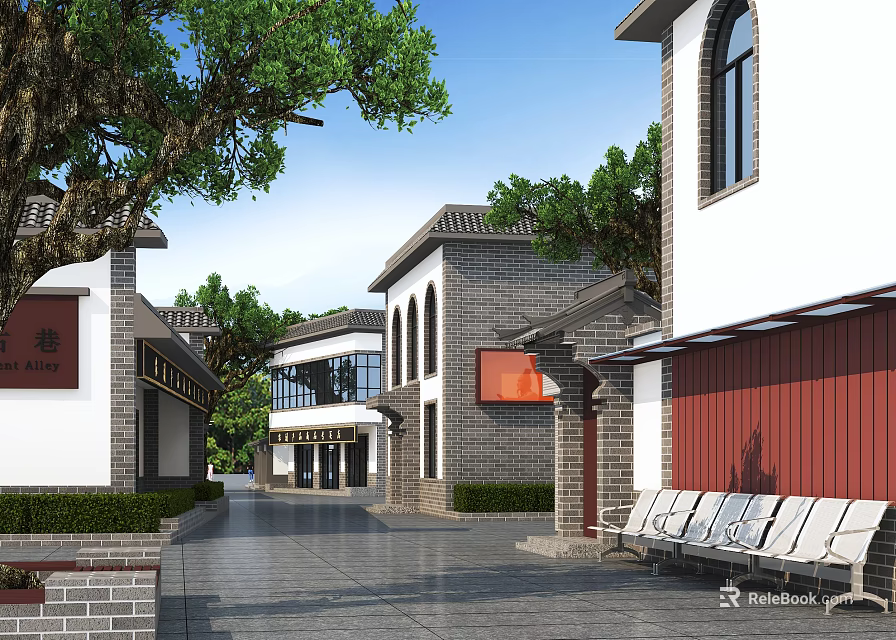 Traditional Chinese Commercial Street With White Walls Gray Tiles Green Trees Stone Pavement And Benches 3d model 