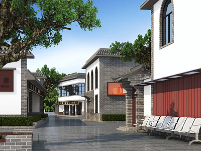 Traditional Chinese Commercial Street With White Walls Gray Tiles Green Trees Stone Pavement And Benches 3d model