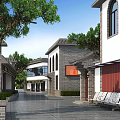 Traditional Chinese Commercial Street With White Walls Gray Tiles Green Trees Stone Pavement And Benches
