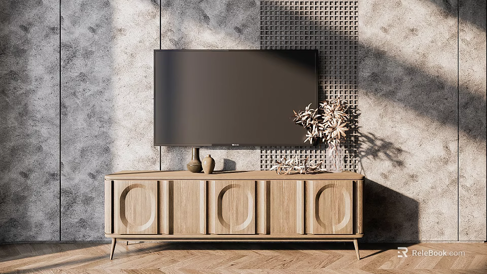 Wooden TV Stand With TV Decorative Vase Plant Against Gray Textured Wall On Wooden Floor 3d model 