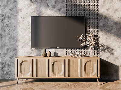 Wooden TV Stand With TV Decorative Vase Plant Against Gray Textured Wall On Wooden Floor 3d model