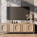 Wooden TV Stand With TV Decorative Vase Plant Against Gray Textured Wall On Wooden Floor