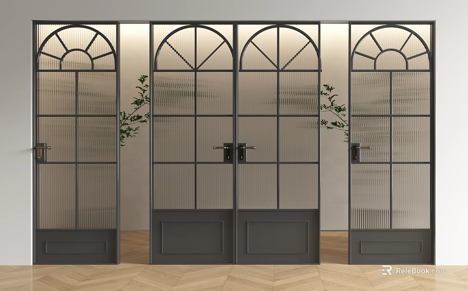 Modern Arched Sliding Glass Doors With Dark Frames And Grid Pattern Design 3d model