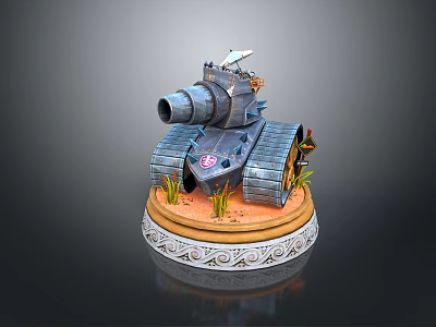 Blue Tank 3D Model With Cannon Small Flag Number 58 and Grass on Patterned Base 3d model