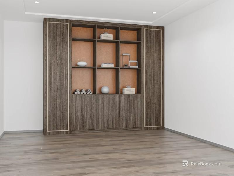 Modern Wooden Display Cabinet With Multiple Shelves And Decorative Items In Interior 3d model 