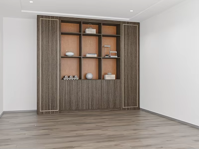 Modern Wooden Display Cabinet With Multiple Shelves And Decorative Items In Interior 3d model