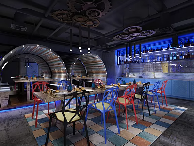 Stylish Restaurant Interior With Colorful Chairs Arched Structures Gear Decor And Bar Counter 3d model