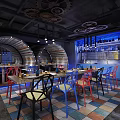 Stylish Restaurant Interior With Colorful Chairs Arched Structures Gear Decor And Bar Counter