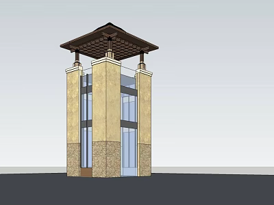Traditional Tower Architecture With Pagoda Style Roof Beige Wall Stone Base And Glass Windows 3d model
