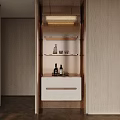Modern Light Wood Sideboard with White Drawer Open Shelves Decorative Bottles Cups and Overhead Lighting