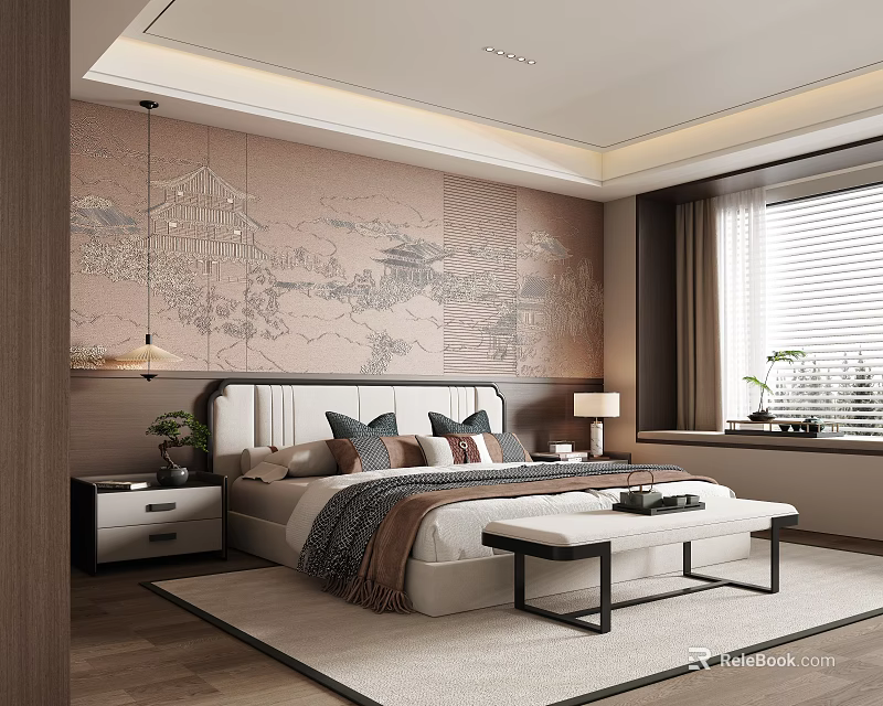 Elegant Bedroom Interior With Traditional Pattern Wallpaper Large Bed Nightstand And Bench 3d model 
