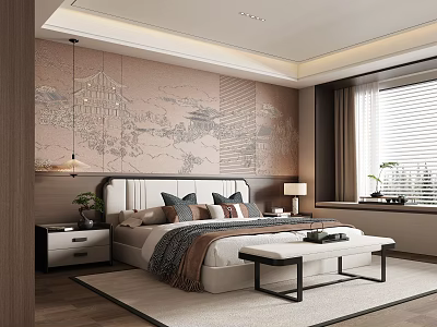 Elegant Bedroom Interior With Traditional Pattern Wallpaper Large Bed Nightstand And Bench 3d model