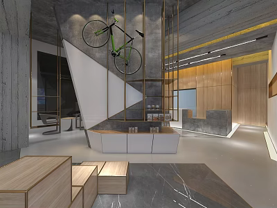Modern Industrial Café Interior With Hanging Bicycle Staircase And Wooden Accents 3d model