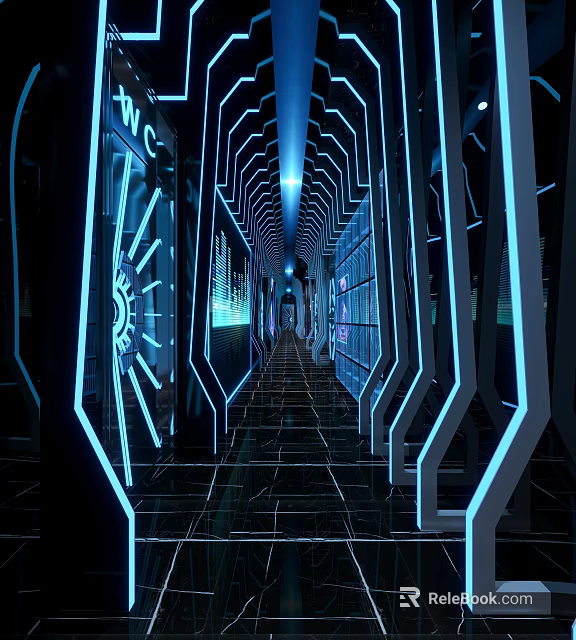 Futuristic KTV Corridor With Blue Neon Lights Sleek Black Tiles And Geometric Ceiling Lights 3d model 
