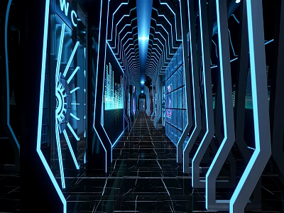 Futuristic KTV Corridor With Blue Neon Lights Sleek Black Tiles And Geometric Ceiling Lights 3d model