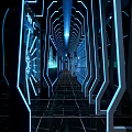 Futuristic KTV Corridor With Blue Neon Lights Sleek Black Tiles And Geometric Ceiling Lights