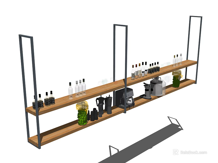 Stylish Wine Cabinet With Wooden Shelves Metal Frame Displaying Wine Bottles Glasses And Plants 3d model 