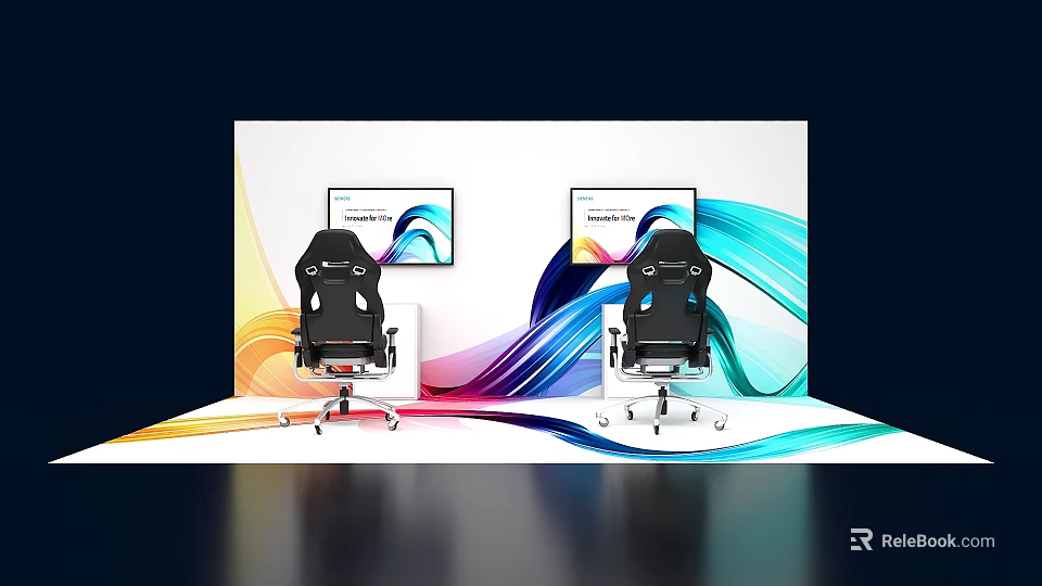 Two Black Gaming Chairs With Dual Monitors On Colorful Wave Backdrop Setup 3d model 