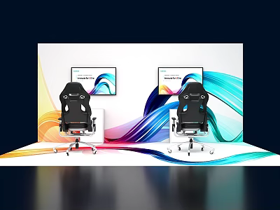 Two Black Gaming Chairs With Dual Monitors On Colorful Wave Backdrop Setup 3d model