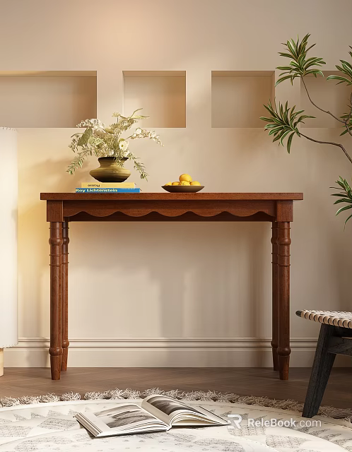 Wooden Console Table With Decorative Vase Fruit Bowl And Green Plants In Living Room Interior 3d model 