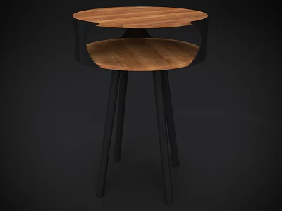 Round Two Tier Wooden Top Side Table With Black Metal Frame 3d model