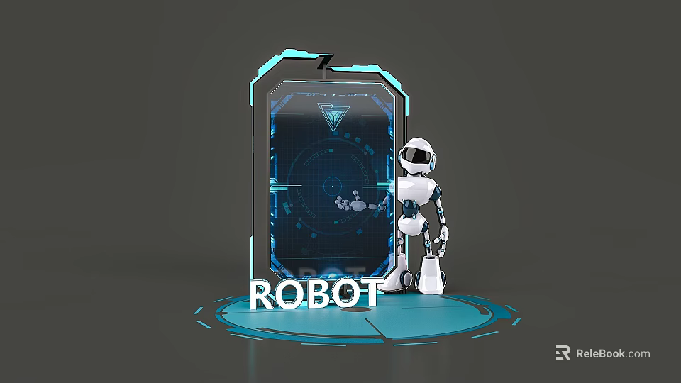 Futuristic White Robot Photo Spot With Transparent Display Blue Interface And Light Ring 3d model