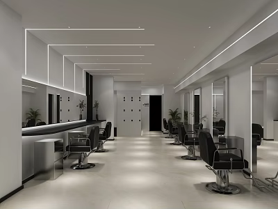 Modern Beauty Hair Salon Interior Design With Styling Chairs Mirrors And Plants 3d model