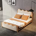 Double Bed With Scalloped Beige Headboard Wooden Frame Orange Pillows And Black White Wall Art Green Plant Bright Light