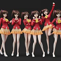 Game And Movie Characters In Red Blouses Yellow Skirts With Brown Pigtails And Various Poses