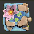 Small Fish Swimming In Pond With Pink Lotus Stone Waterfall And Green Grass