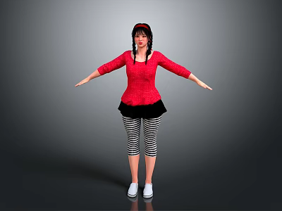 Woman in Red Top Black Skirt Striped Pants White Shoes with Braided Pigtails Arms Outstretched 3d model